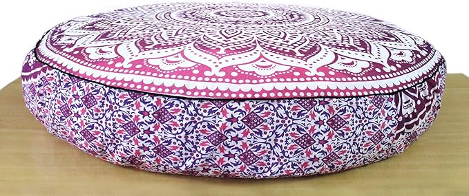 CRAFT KALA Mandala Floor Pillow Cushion Cover Seating Throw Cover Hippie Decorative Bohemian Ottoman Poufs Pom Pom Pillow Cases Boho Indian Cotton Living Room Yoga Home Décor (35" Round, Pink Ombre)