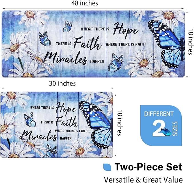 Likiyol Butterfly Kitchen Rugs Set of 2 Kitchen Mats for Floor Farmhouse Anti Fatigue Mats for Kitchen Floor, Daisy Kitchen Rugs Non Slip Washable Standing Floor Mats, 18'' x 30'' + 18'' x 48'', Blue