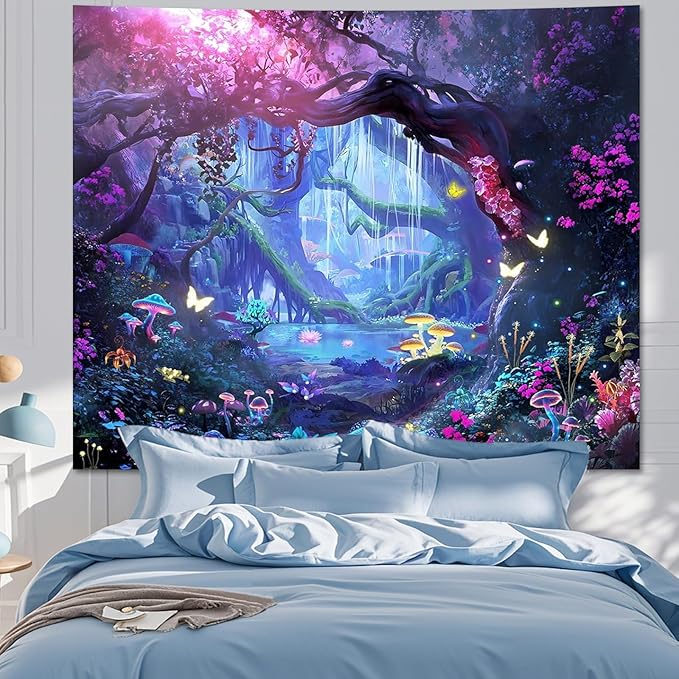 Apdidl Forest Nature Room Decor Tapestry Wall Hanging, Fantasy Trees Butterfly Mushroom Tapestries for Bedroom, Blue Colorful Floral Magical Plants Jungle Landscape Backdrop for Living Room 60"X79"