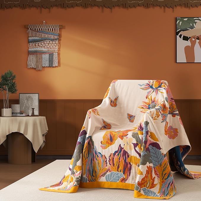 Boho Throw Blanket Queen Size, Oversized Soft Cozy Cotton Muslin Quilt Blanket for Bed Decor, Floral Patterned Couch Sofa Chair Cover, Vintage Farmhouse Cottage Woven Blanket, Yellow&Blue