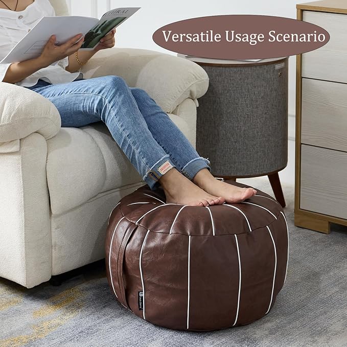 Louis Donné Unstuffed Round Pouf Ottoman Cover, Handmade Moroccan Decorative Pu Footstool Seat, Small Bean Bag with Storage, Floor Chair Footstool for Living Room, Bedroom Balcony(ONLY Cover)