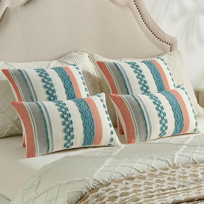 FUTEI Teal Decorative Throw Pillow Covers 12x20 Inch Set of 2, Soft Tufted Striped Textured Accent Pillow Case,Boho Pillows for Couch Decor