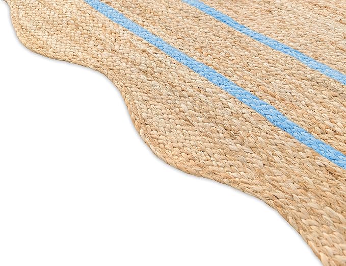 Wave Scalloped Natural Jute Runner, Sky Blue (8'x10'): Boho Farmhouse Entryway Scallop Rug
