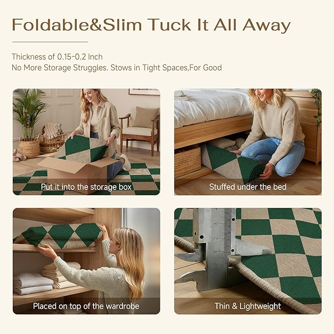 4x6 Checkered Easy Jute Area Rug for Living Room Checkerboard Washable Indoor Outdoor Carpet Farmhouse Patio Office Mat Geometric Non Slip Green Carpet for Dorm Backyard Dining Room
