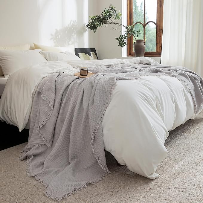 FOSSA Muslin Blanket with Fringe - 4-Layer 100% Cotton Gauze Super Soft & Breathable Throw -Lightweight Decorative Cooling Blanket for Bed, Sofa, Office (Grayish, Queen (90" × 90"))