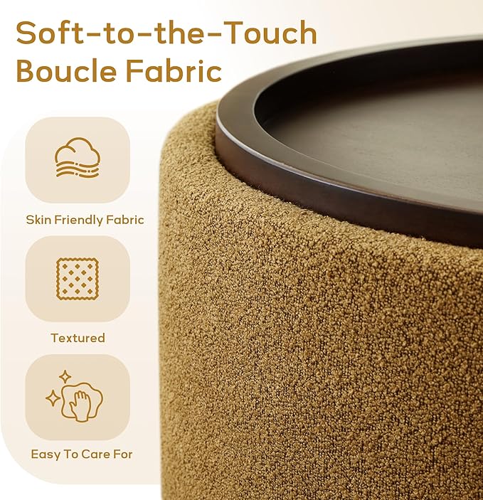 30 Inch Round Storage Ottoman, Ottoman Coffee Table with Lift Off Lid, Boucle Modern Ottomans with Storage for Living Room, Bedroom, Apartments (Yellow)
