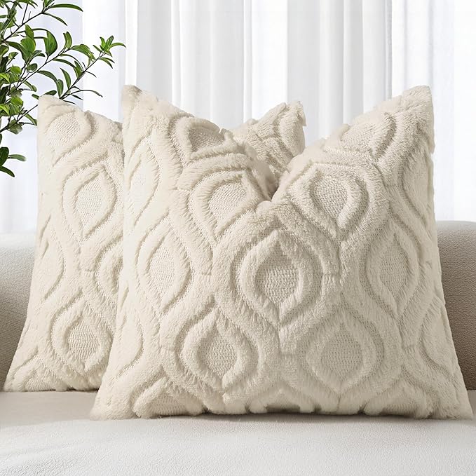 decorUhome Cozy Textured Euro Sham Throw Pillow Covers 22x22 Inch Set of 2, Soft Plush Faux Wool Beige Accent Couch Pillow Covers for Modern Farmhouse Sofa Bed Living Room
