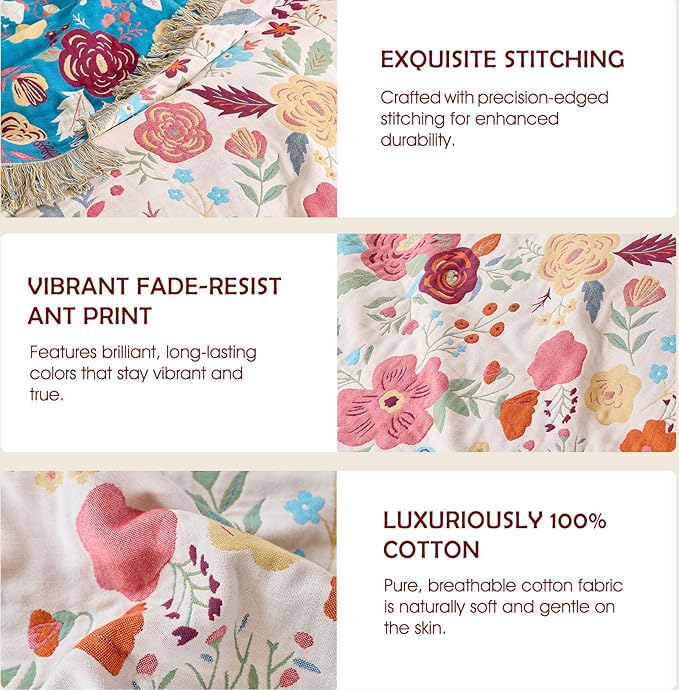 Boho Throw Blanket - 100% Cotton Soft Breathable Throw Spring Blankets, 50"x60" 4-Layer Lightweight Muslin Cotton Quilt, Floral Printed Bohemian Decor Throw Blankets for All Season