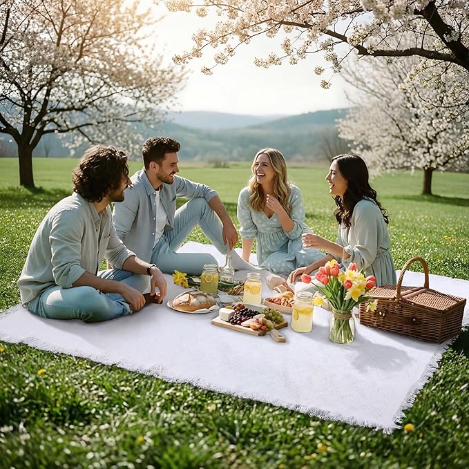Frienda 70 x 120 Inch Extra Large White Outdoor Picnic Blanket Woven Cotton Yarn Blanket with Fringe and Leather Storage Strap Boho Decor for 8 to 12 Camping Lawn Wedding Photoshoot Beach Park Grass