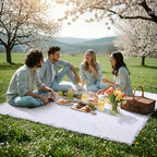 Frienda 70 x 120 Inch Extra Large White Outdoor Picnic Blanket Woven Cotton Yarn Blanket with Fringe and Leather Storage Strap Boho Decor for 8 to 12 Camping Lawn Wedding Photoshoot Beach Park Grass