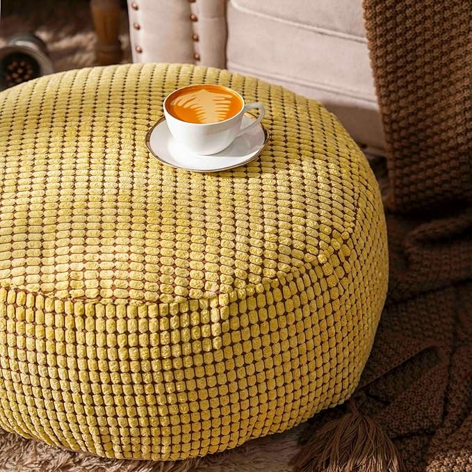 SUTAVIA Pouf Ottoman Cover Unstuffed Pouf Seat Decorative Soft Storage Bean Bag 20x20x8 Inches Floor Footrest for Living Room Bedroom (Yellow, Round)