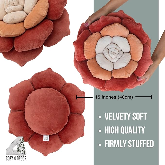Throw Pillow in Monochromatic Colors - Flower Shaped Pillow – Soft Plush Floral Throw Pillow for Bed, Couch, Sofa & Kids Room | Cute Fluffy Bloom Cushion for Aesthetic Room Decor (Terracota)