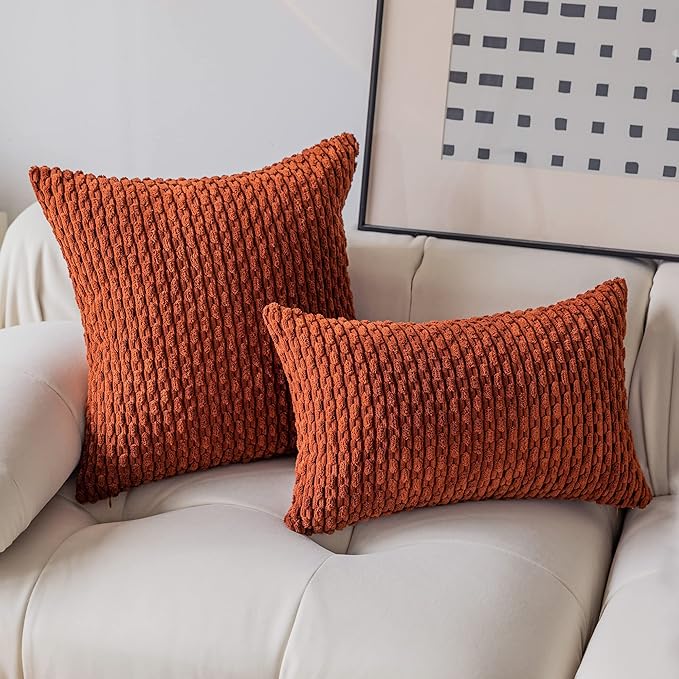 Kevin Textile Fall 14x24 Inch Pillow Cover 1 Pack Boho Decorative Soft Striped Corduroy Lumbar Farmhouse Solid Color Accent Rectangle Cushion Case for Living Room Couch Sofa Bed, Burnt Brick