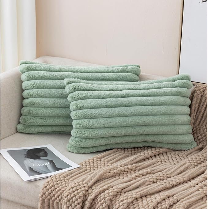 ZLINA Set of 2 Light Green Faux Fur Decorative Throw Pillow Covers Fluffy Striped Pillowcase Cushion Covers 12 x 20 Inch Decor Sofa Couch Bedroom