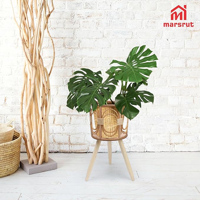Rattan Plant Stand, Wicker Plants Baskets Indoor, Small, Cute Handmade Woven Wooden Planter with Legs, Boho Style Hollow Flowers Display Rack Straw Standing Floor Stool Shelf for Pot Holder Outdoor Decorations