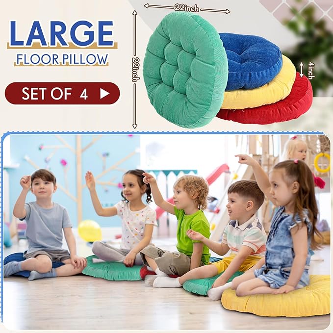 Jerify Floor Pillow Cushions Large Round Square Large Meditation Floor Pillow for Classroom Adult Meditation Picnic Party Seating Learning Daycare School(Round,Colorful,4 Pcs)