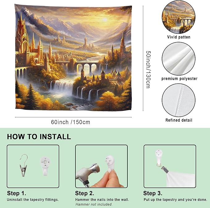 Elven Style Fantasy Tapestry for Bedroom – Golden Misty Mountain Waterfall Landscape Backdrop for Epic Adventure Fans Party, Mythical Birthday Decoration, Classroom Reading Corner Background (60x50)