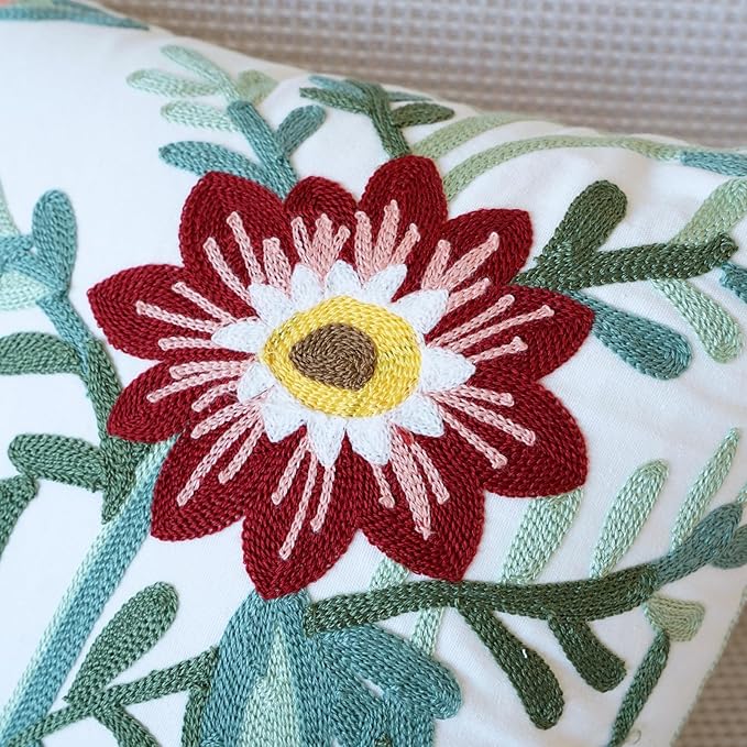 vctops Floral Embroidered Pillow Covers 18x18 Inch Spring Summer Cotton Tufted Throw Pillow Cover Outdoor Garden Cushion Case for Sofa, Bed, Living Room (Flower D,18"x18")