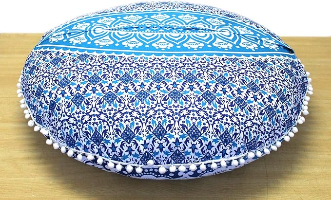 ICC 32" Blue Mandala Floor Pillow Cushion Cover Seating Throw Cover Hippie Decorative Bohemian Ottoman Poufs Cover, Pom Pom Pillow Cases, Boho Indian