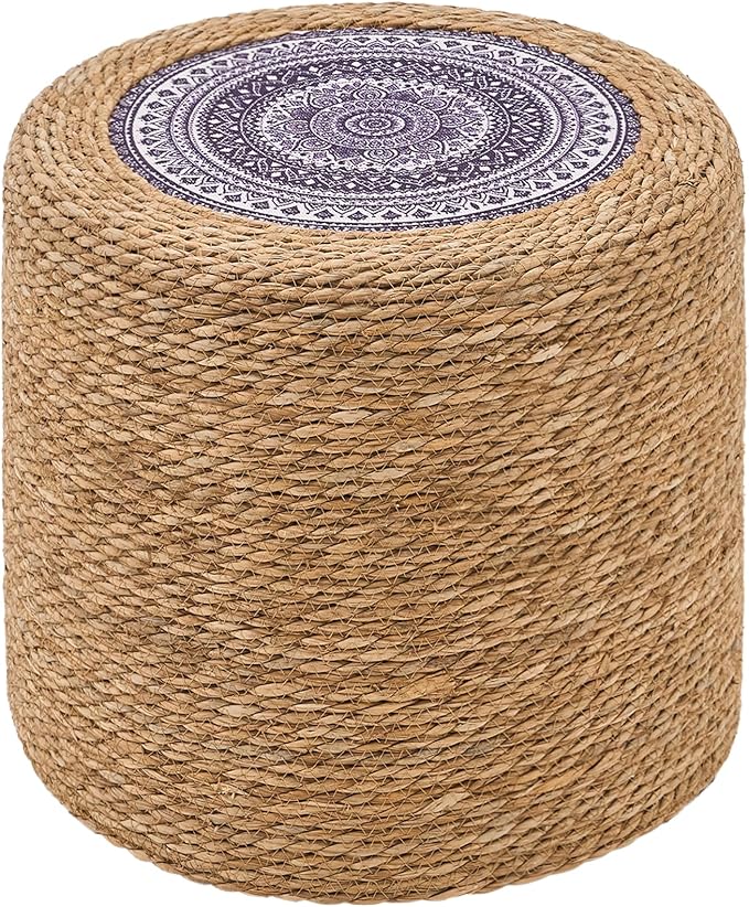 Wimarsbon 18'' Ottoman Pouf, Natural Braided Poof, Rustic Handweave Lounge Pouffe, Boho Footrest Stool for Bedroom, Accent Table for Living Room (18inch Natural Cattail-Boho Style 2)