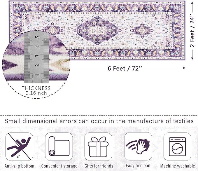 Amearea Vintage Design Area Rugs for Living Room, 2x6 Machine Washable Floral Collection Traditional Bedroom Rug, Low Pile Cute Kids Room Print Carpet, No Slip Office Kitchen Home Decor, Purple