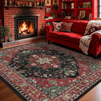 Area Rugs 5'x7' Washable Non-Slip, Floral Vintage Distress Print Pattern Medallion Carpet for Living Room Bedroom Dining Room, Red Black
