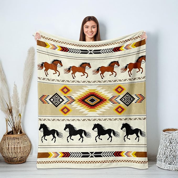 Western Throw Blanket, Cowboy Soft Cozy and Warm Couch Blankets Gift for Western Lover, Decorative Blankets for Sofa Couch Bed, Beige Brown 50×60 inches