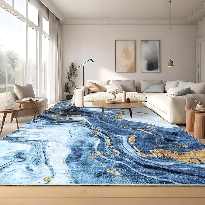 GarveeHome Large Area Rugs 9x12 Washable Modern Abstract Rug, Non-Shedding Neutral Living Room Rugs, Stain-Resistant Low Pile Abstract Floor Cover for Bedroom, Dining Room, Farmhouse, Office, Blue