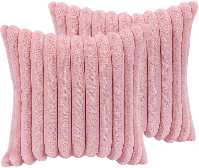 16x16 Throw Pillow Covers Set of 2, Decorative Faux Fur Covers for Bed, Couch Soft Fluffy Pillow Cover with Velvet Back for Living Room, Neutral Home Décor Accent for Sofa - Pink