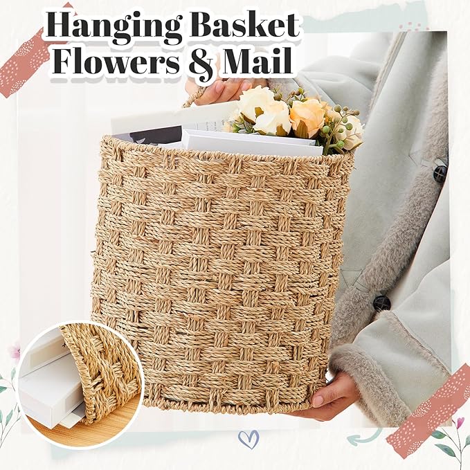 Chunful 2 Pcs Seagrass Hanging Wicker Basket, Natural Wicker Decorative Baskets, Handmade Woven Storage Organizer for House Garden Wedding Wall Decorations, Large & Small Size