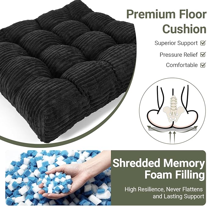 Meditation Floor Pillow Set of 2,Memory Foam Meditation Cushion for Adults Sitting, Large Square Thickened Seat Cushions for Yoga, Tatami Living Room (2, Black)