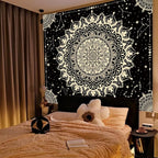 Apdidl Boho Black Mandala Tapestry for Bedroom Aesthetic, Hippie Decor Space Astrology Wall Art Ceiling Tapestries, Vintage Bohemian Indian Golden Blanket Wall Hangings for Living Room 60" X 79"