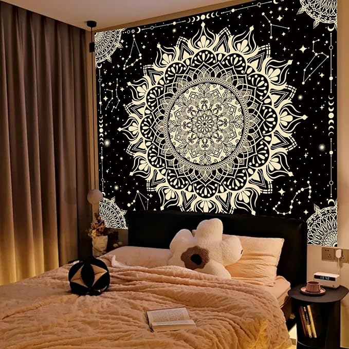 Apdidl Boho Black Mandala Tapestry for Bedroom Aesthetic, Hippie Decor Space Astrology Wall Art Ceiling Tapestries, Vintage Bohemian Indian Golden Blanket Wall Hangings for Living Room 51" X 60"