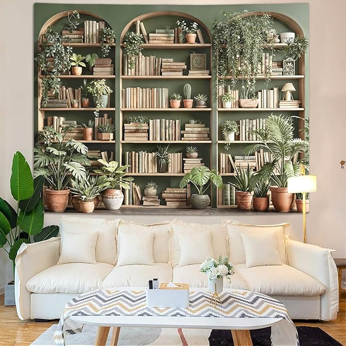 Accnicc Sage Green Plant Bookshelf Tapestry Botanical Bookshelf Tapestries Wall Hanging Vintage Potted Plants Library Backdrop Large Tapestry for Bedroom Living Room Dorm 80 x 60 inch
