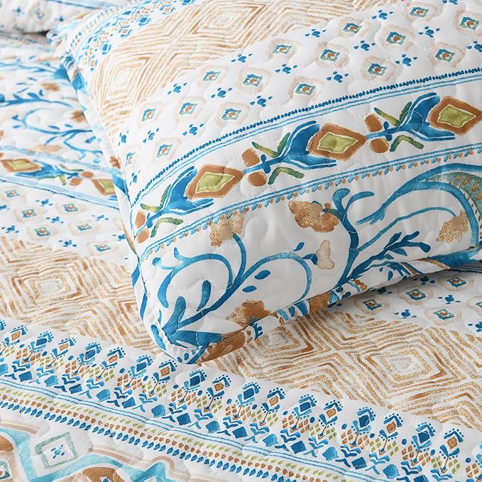 Boho Style Queen Quilt Set Reversible Bohemian Paisley Teal Quilt Beddding Set, Soft and Lightweight Bedspread for All Season, Full Size Bed Coverlet with 2 Matching Pillow Shams (3 Pieces)