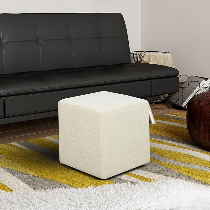 Warren 18" Cube Ottoman, Urban Transitional, Fully Assembled, Soft Boucle Fabric, Snow