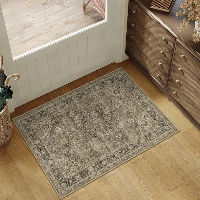 2x3 Washable Brown Area Rug Vintage Entryway Kitchen Carpet Non-Slip Soft Low Pile Distressed Indoor Small Throw Rug for Bedroom Bathroom Entrance