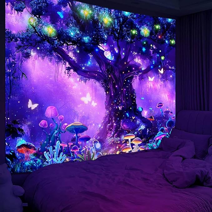 Atrippy Blacklight Fantasy Forest Poster Tapestry for Bedroom, Black Light UV Nature Tree of Life Tapestries Wall Hanging, Magical Mushroom Butterfly Backdrop for Living Room Dorm Decor 51x60 Inches