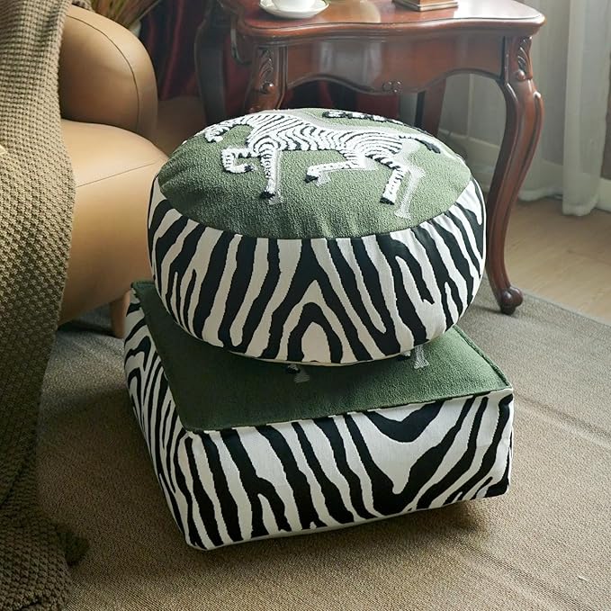Pouf Ottoman Unstuffed Poufs Soft Touch Zebra Boho Footrest Floor Chair Storage for Living Room Bedroom Home Decor (Green, 20 x 20 x 8 Inches Round)