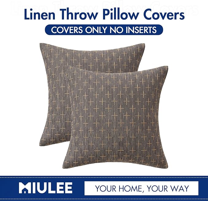 MIULEE Pack of 2 Decorative Burlap Linen Throw Pillow Covers Modern Farmhouse Pillowcase Rustic Woven Textured Cushion Cover for Sofa Couch Bed 16x16 Inch Dark Grey