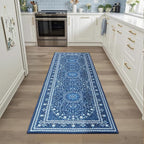 Lessymo 2 x 6 Runner Rug- Machine Washable Area Rugs Boho Faux Wool Low Pile Area Rug for Bedroom, Floral Medallion Vintage Rugs with Non-Slip Rubber,Blue White