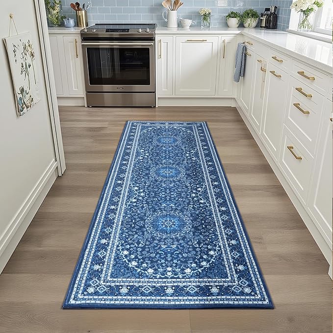 Lessymo 2 x 6 Runner Rug- Machine Washable Area Rugs Boho Faux Wool Low Pile Area Rug for Bedroom, Floral Medallion Vintage Rugs with Non-Slip Rubber,Blue White
