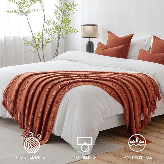 MIULEE Rust Knitted Throw Blanket for Couch Terracotta Boho Textured Cozy Woven Rustic Blanket with Tassels for Sofa Chair Bed Living Room Farmhouse Decor Acrylic Wave Pattern 50"x60"