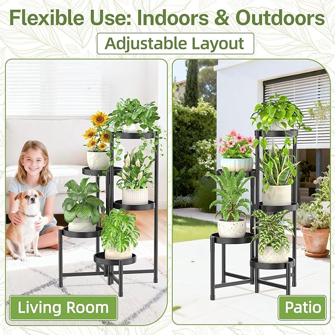 iDavosic.ly Plant Stand with Garden Tools, 5 Tier Corner Metal Flower Display Holder Shelf Indoor Outdoor, Folding Tall Orchid Rack for Patio Balcony Porch Living Room House, Black