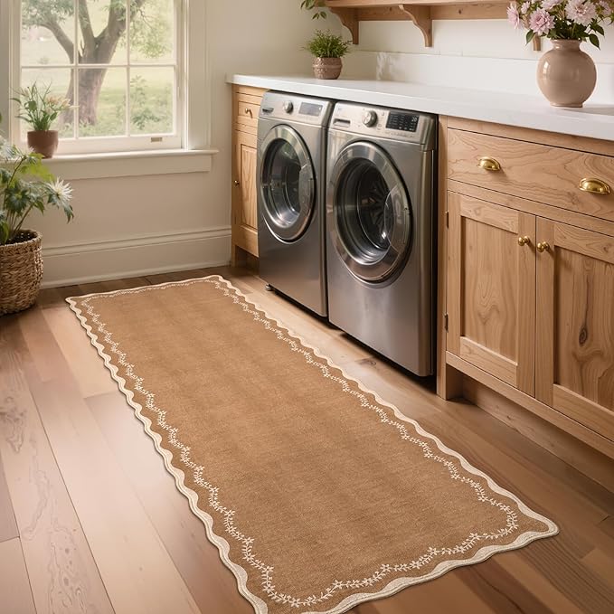 GarveeHome 2x6 Scalloped Washable Runner Rug for Kitchen, Soft Brown Hallway Runner Non Slip Entryway Rug Farmhouse Thin Laundry Mat Stain Resistant Carpet for Bedroom Bathroom Beside Rug