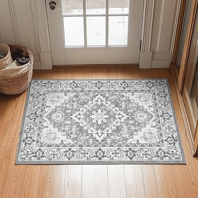 Lessymo 2 x 3 Entryway Rug - Machine Washable Area Rugs Boho Faux Wool Low Pile Area Rug for Bedroom, Floral Medallion Vintage Outdoor Rugs with Non-Slip Rubber,Grey Beige