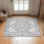 Lessymo 2 x 3 Entryway Rug - Machine Washable Area Rugs Boho Faux Wool Low Pile Area Rug for Bedroom, Floral Medallion Vintage Outdoor Rugs with Non-Slip Rubber,Grey Beige