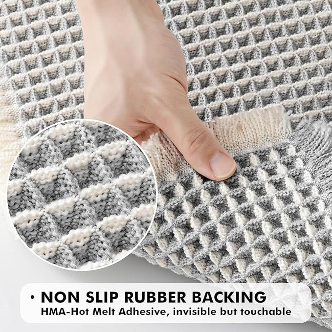MIULEE Set of 2 Waffle Bathroom Rugs, Boho Bath Rugs Non Slip Washable, Super Absorbent Bath Mats, Ultra Soft Rubber Backed Shower Mats for Bathroom Floor, Tub, LightGrey & Cream, 17"x24"+18"x30"