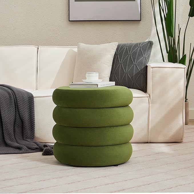 Flouki 19.5" Storage Ottoman Round, Vanity Stools for Bedroom, Entryway Ottoman for Console Table, Ottoman Stool for Girls Women, Foot Stool for Living Room, Set of 2, Velvet Green
