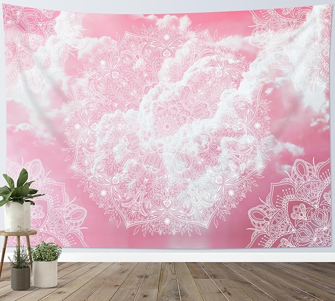 LB Pink Boho Tapestry Mandala Bohemian Aesthetic Pink Sky Cloud Tapestry Wall Hanging Nature Landscape Wall Decor for Bedroom Living Room Dorm 59Wx51L Inches